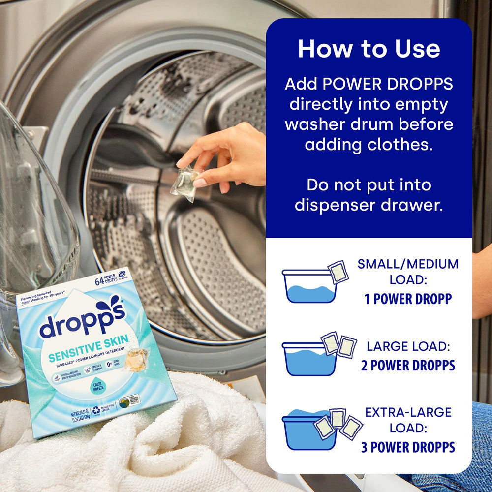 Dropps Sensitive Skin Pods Crisp Breeze in-use scene on delicate fabrics care