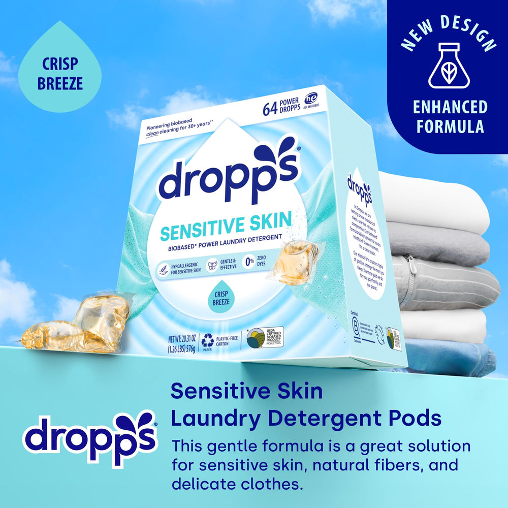 Dropps Sensitive Skin Pods Crisp Breeze pod close-up showing gentle cleaning action