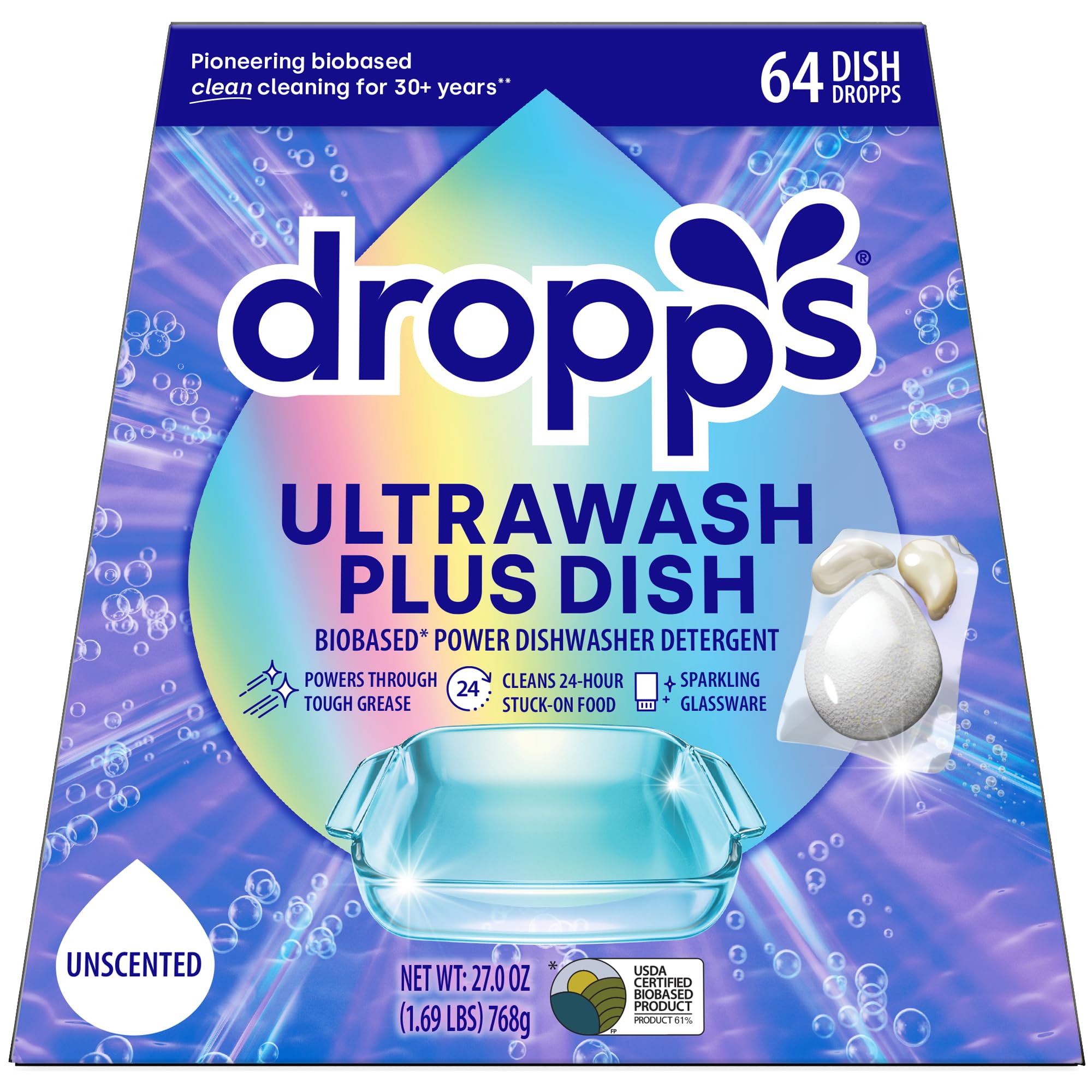 Dropps UltraWash Plus dishwasher pods in unscented formula for powerful cleaning and sparkling dishes.