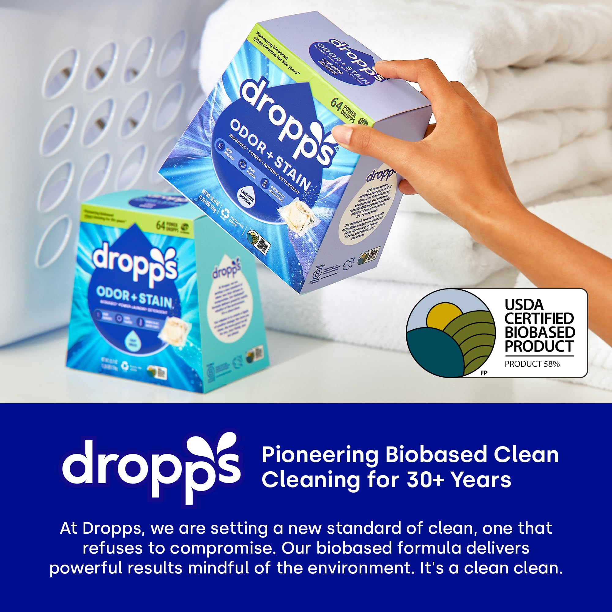 Dropps vegan biobased pods with ingredients label for clean laundry.