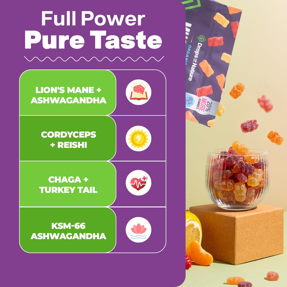 Drops Of Nature 8-in-1 mushroom blend gummies pack with organic ingredients