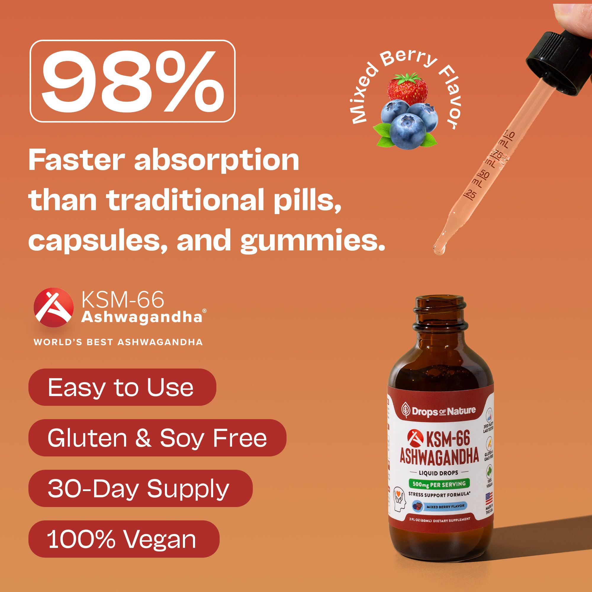 Drops Of Nature Ashwagandha liquid drops label highlighting vegan, GMO-free credentials for daily use.