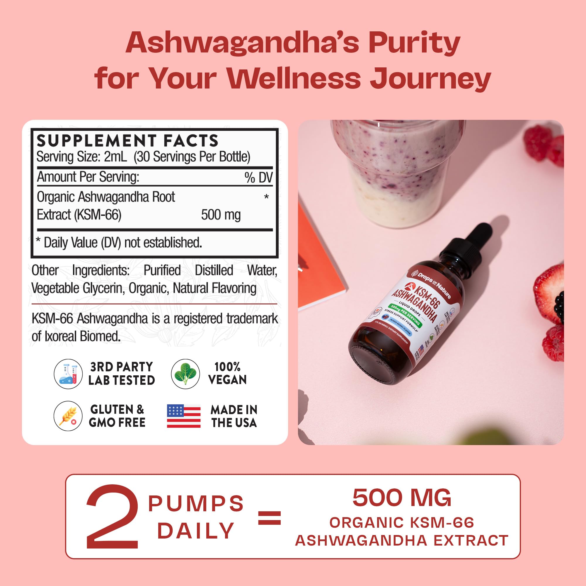 Drops Of Nature KSM-66 Ashwagandha liquid drops in glass with mixed berry flavor.