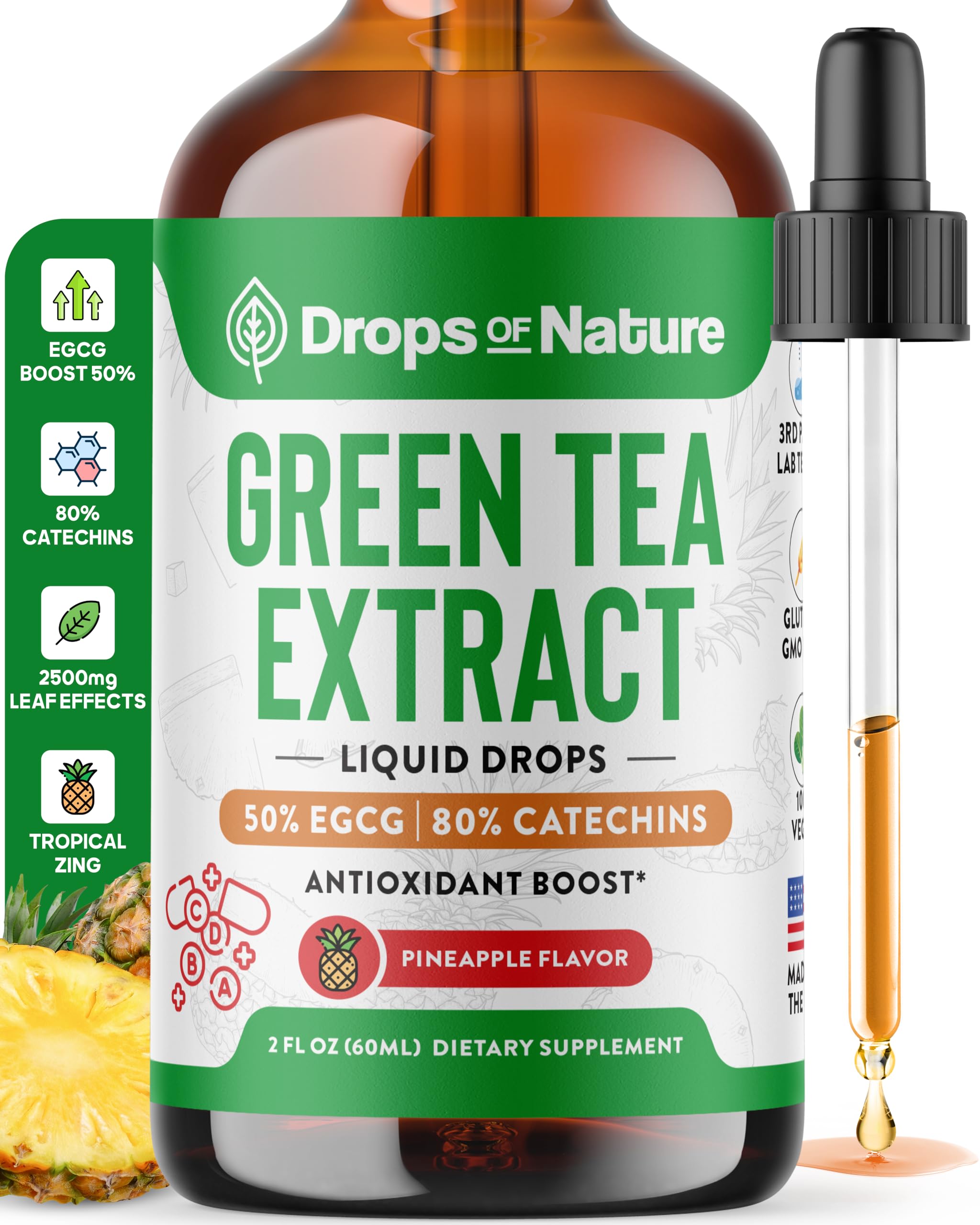 Drops Of Nature Green Tea Drops bottle on a counter highlighting convenient daily antioxidant support.