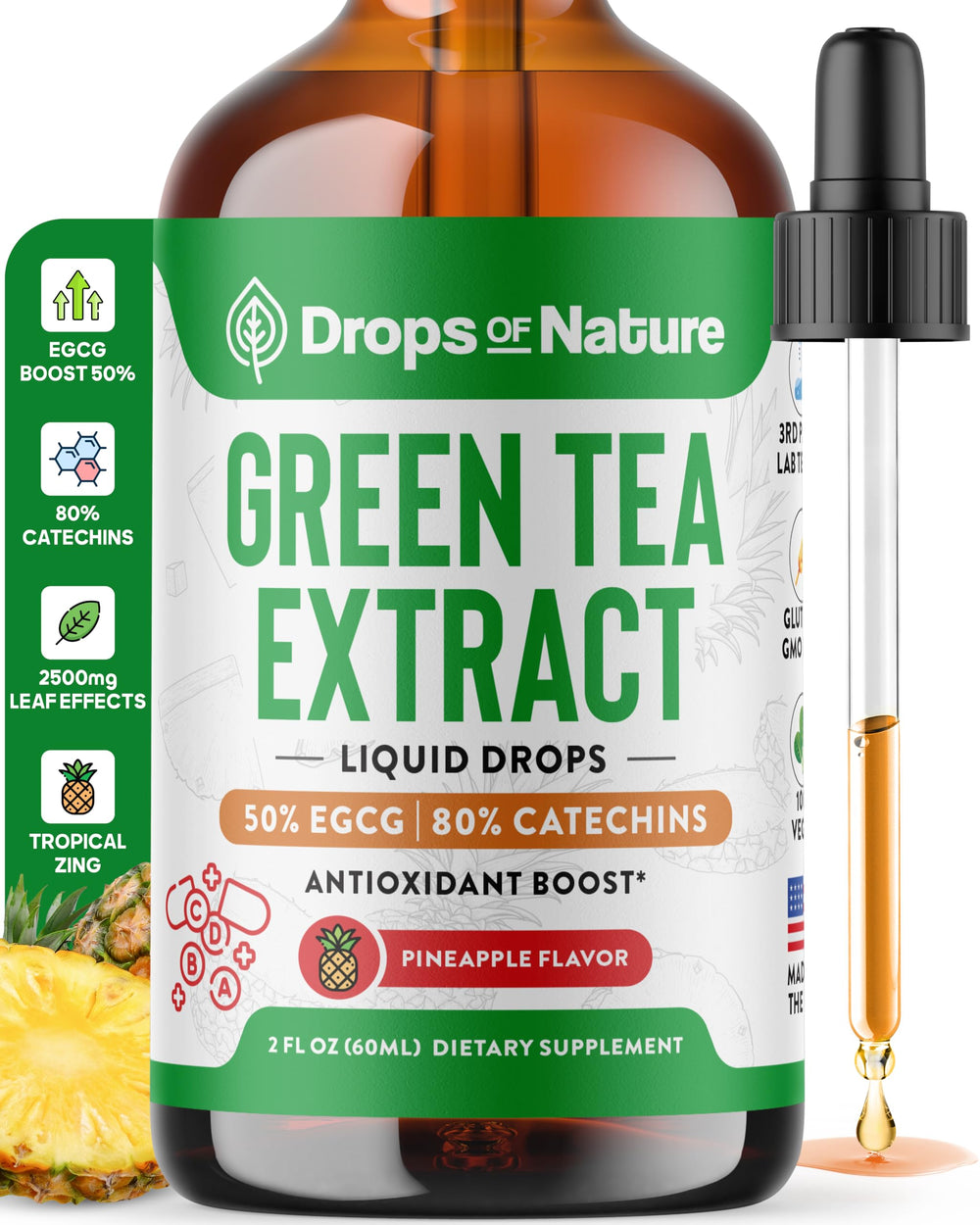 Drops Of Nature Green Tea Drops bottle on a counter highlighting convenient daily antioxidant support.