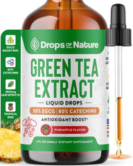 Drops Of Nature Green Tea Drops bottle on a counter highlighting convenient daily antioxidant support.