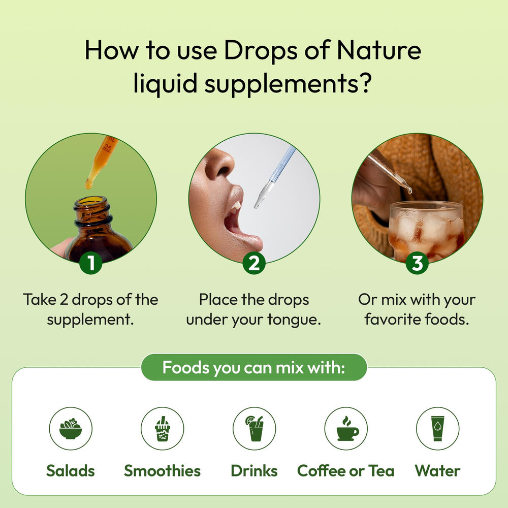 Drops stirred into water or juice for easy daily consumption.