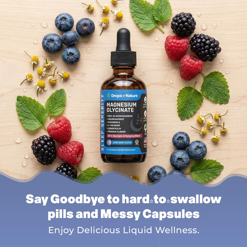 Drops Of Nature ingredients list on box shows soothing botanicals and magnesium glycinate.