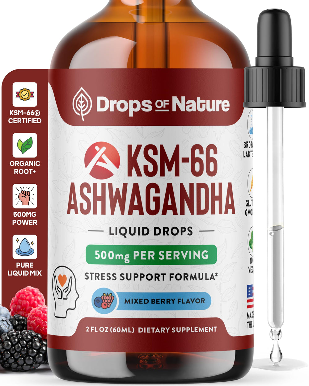 Drops Of Nature KSM-66 Ashwagandha liquid drops bottle for daily focus and calm energy.
