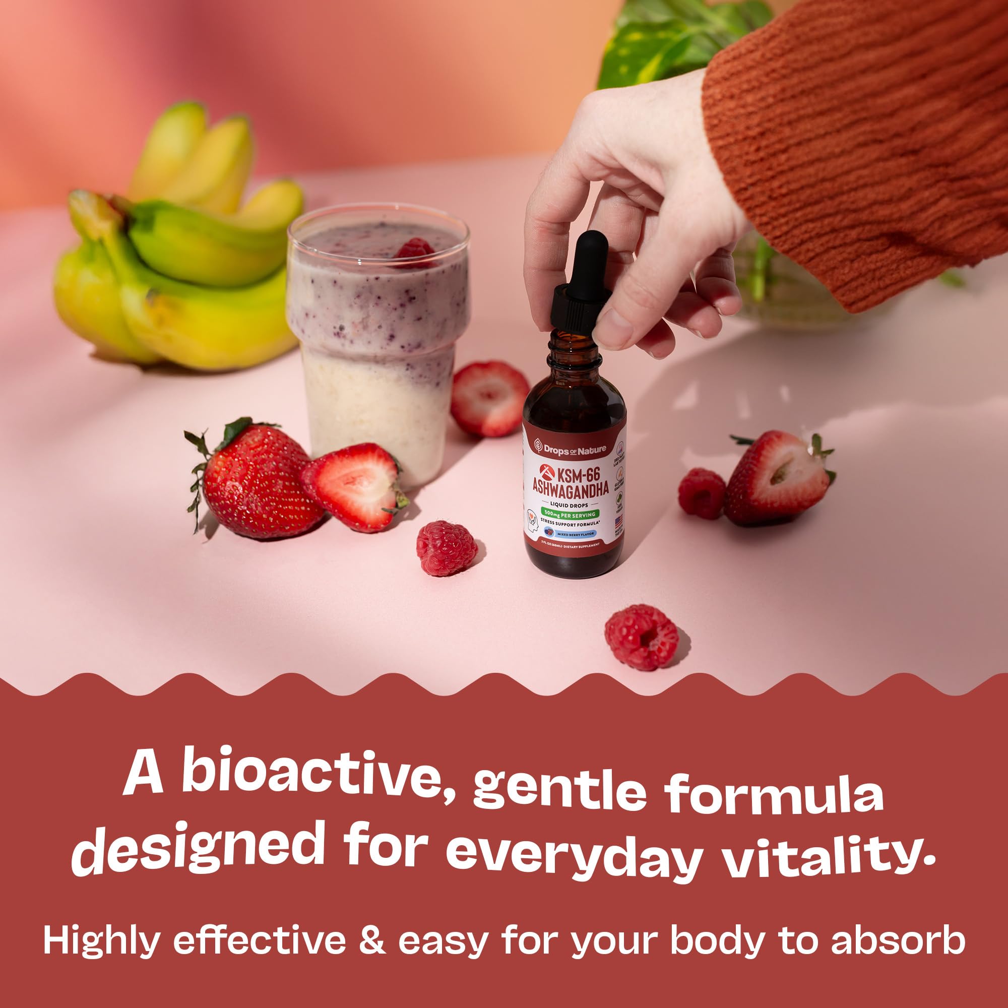Drops Of Nature KSM-66 Ashwagandha liquid drops daily-use bottle on countertop.