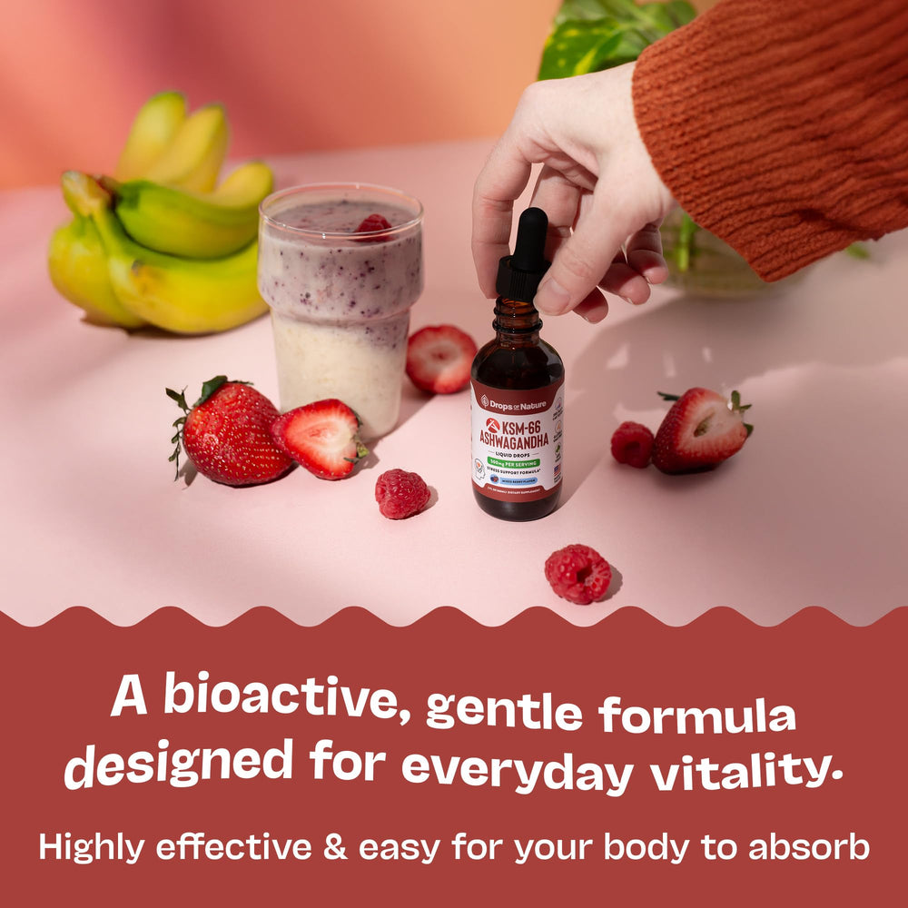 Drops Of Nature KSM-66 Ashwagandha liquid drops daily-use bottle on countertop.