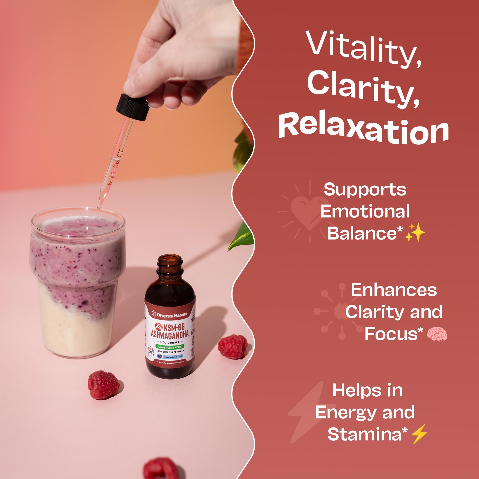 Drops Of Nature KSM-66 Ashwagandha liquid drops measuring drops showing precise daily serving.