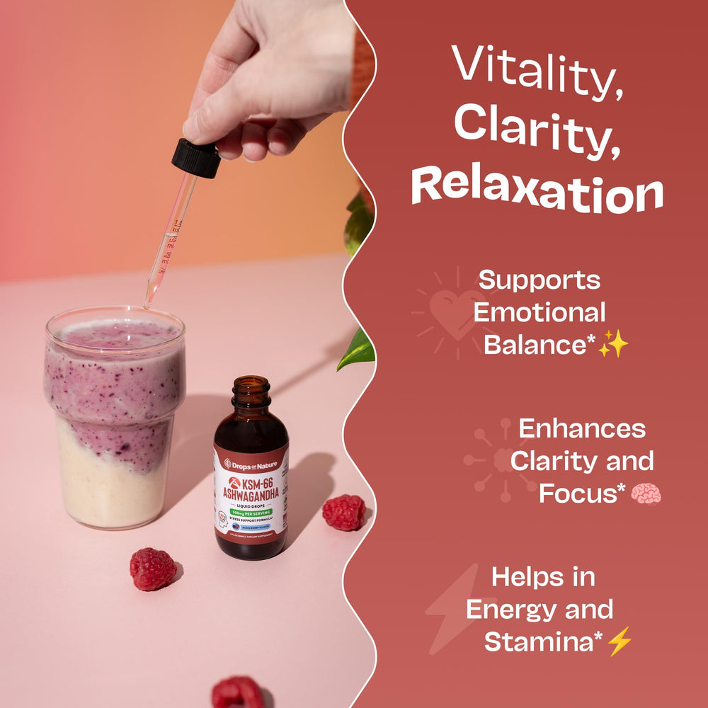 Drops Of Nature KSM-66 Ashwagandha liquid drops measuring drops showing precise daily serving.