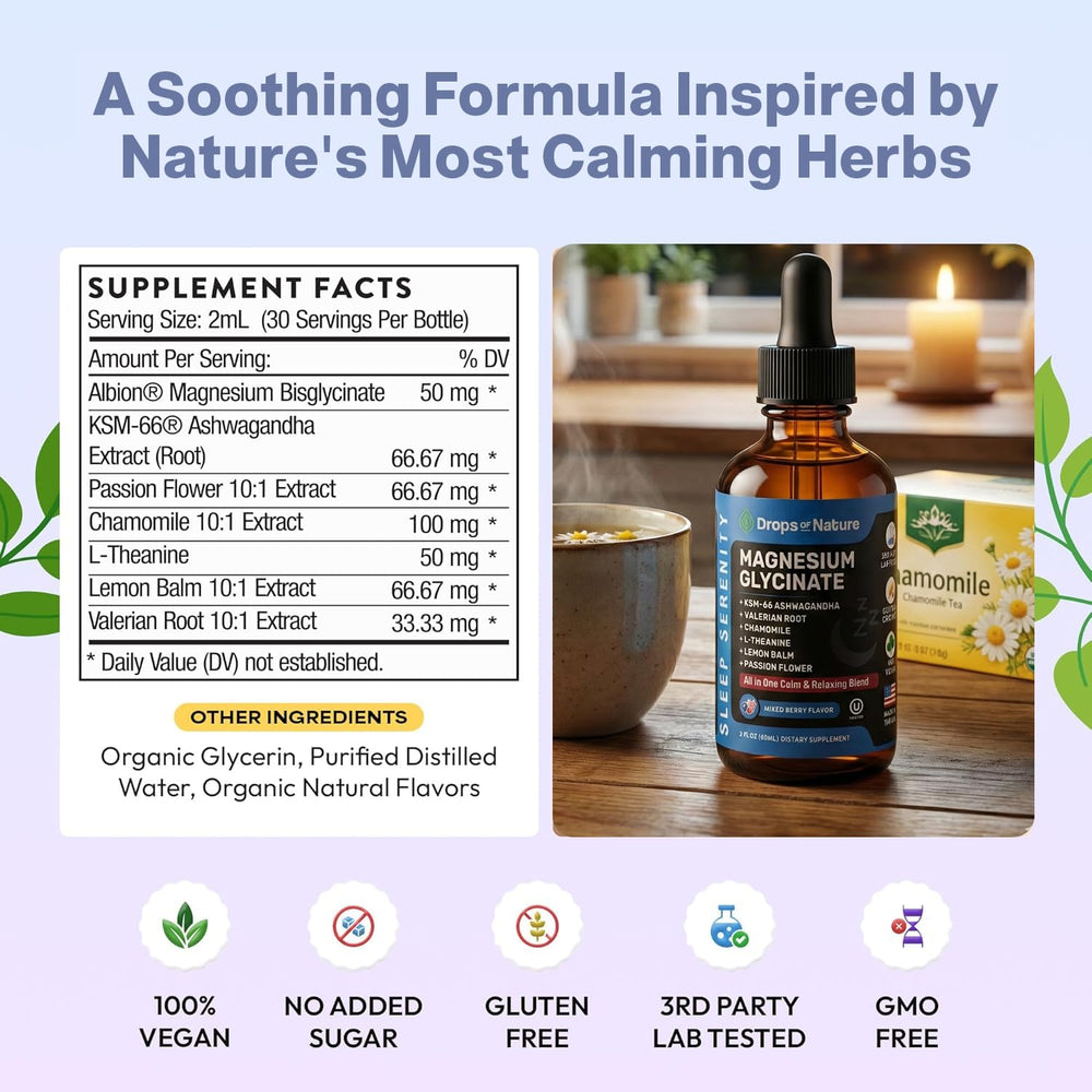 Drops Of Nature mixed berry label highlights pleasant taste and easy relaxation.
