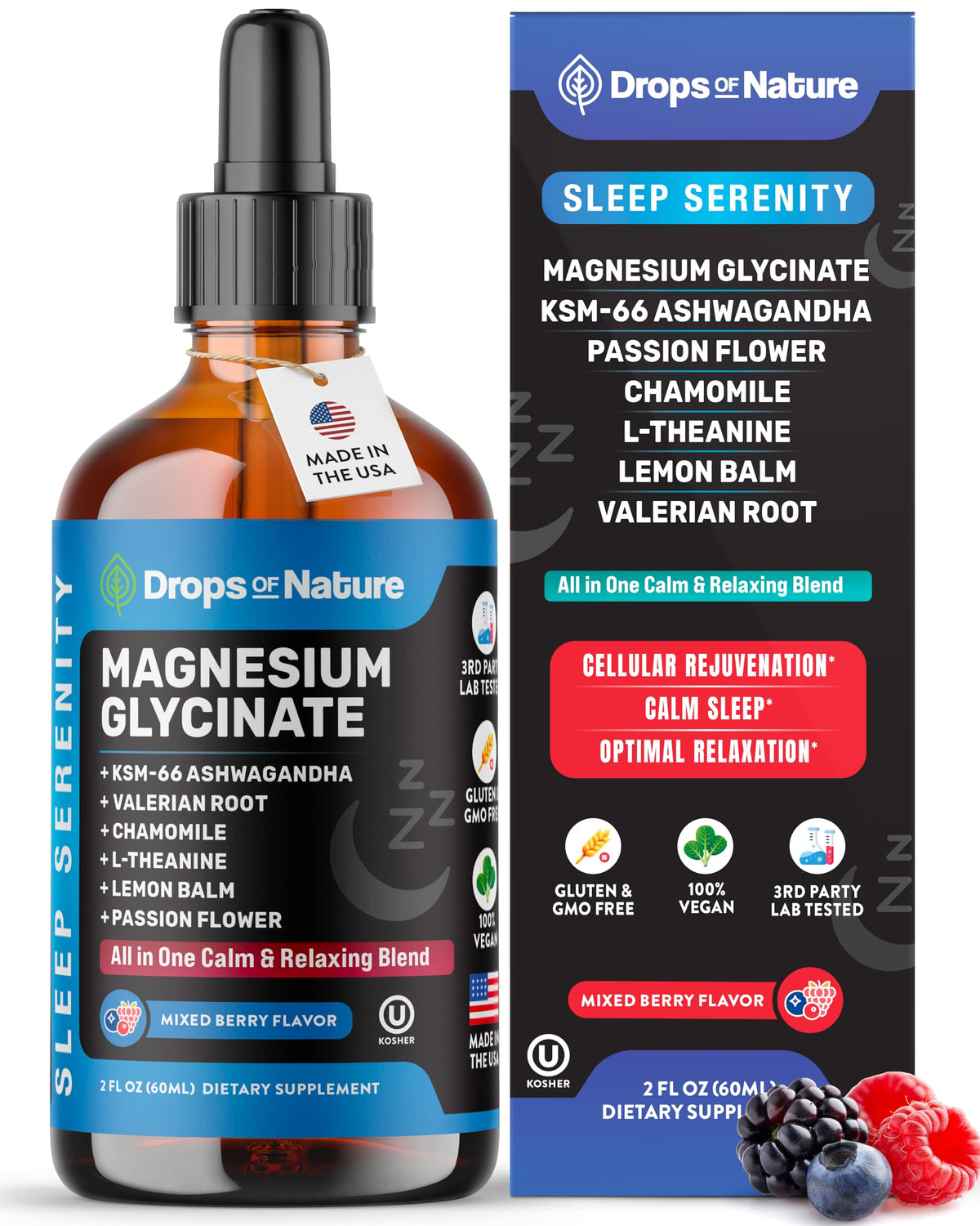 Drops Of Nature magnesium glycinate liquid drops bottle promotes nighttime calm.
