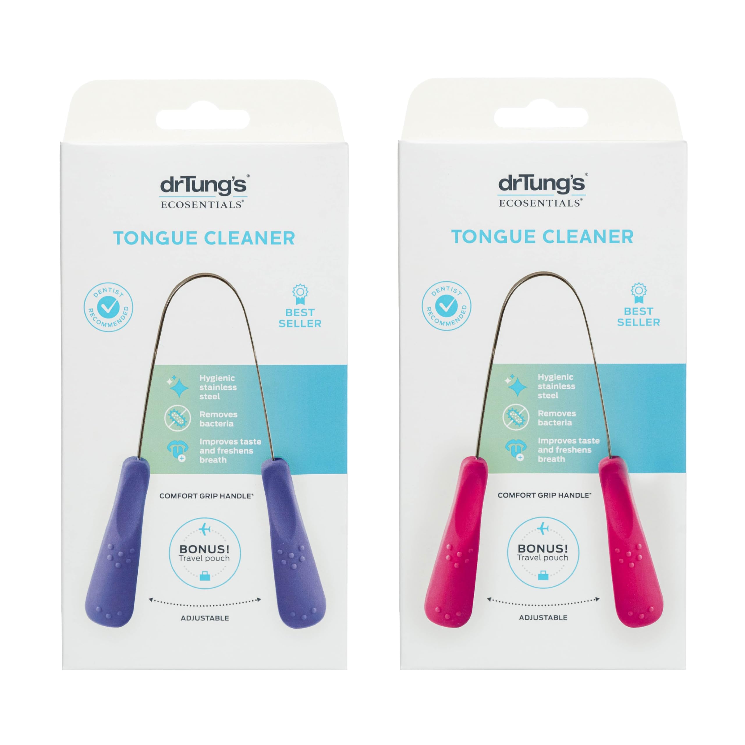 DrTung's stainless tongue scraper with ergonomic curve for thorough cleaning.
