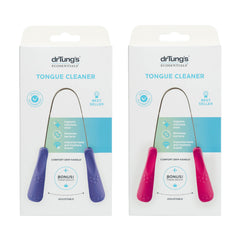 DrTung's stainless tongue scraper with ergonomic curve for thorough cleaning.