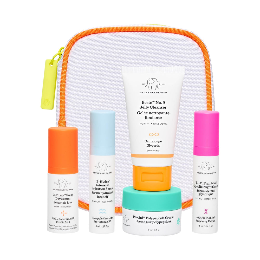 Drunk Elephant Littles Kit box with travel-sized bottles for a complete routine