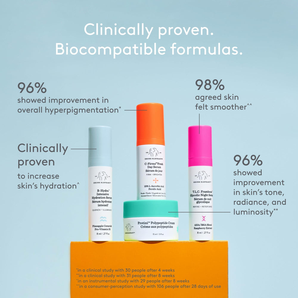 Morning routine bottles from Drunk Elephant Littles Kit for radiant skin