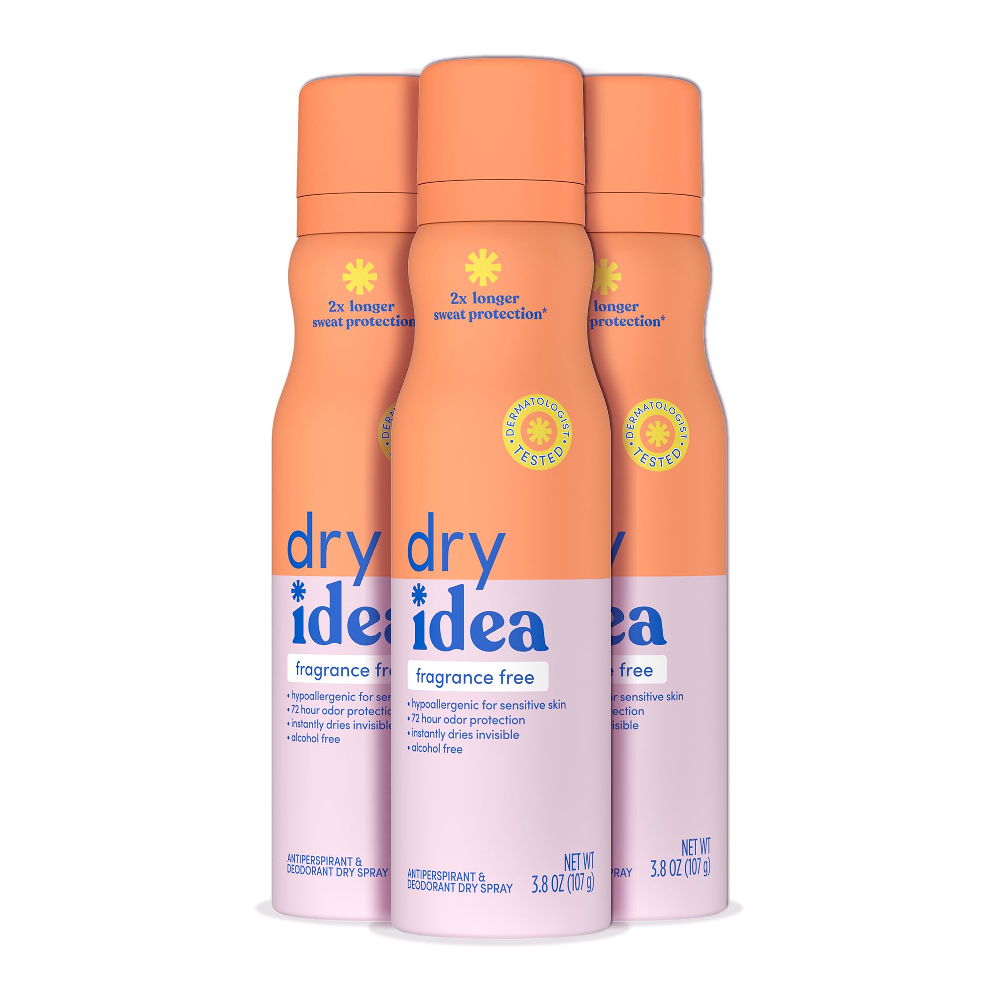 Dry Idea fragrance-free dry spray deodorant bottle for all-day protection.