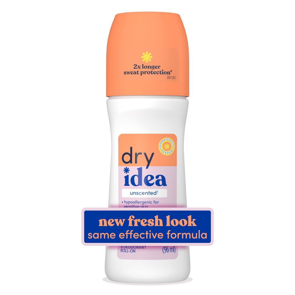 Dry Idea unscented roll-on bottle applying quick-drying protection.
