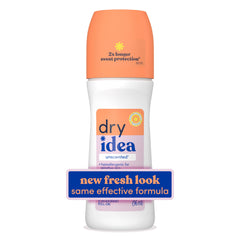 Dry Idea unscented roll-on bottle applying quick-drying protection.