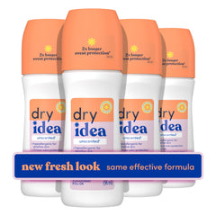 Dry Idea unscented roll-on bottle front for everyday freshness.