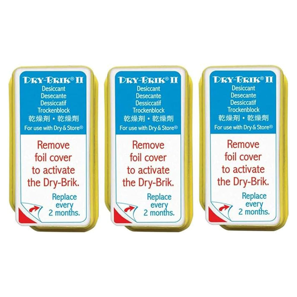 Dry & Store Dry-Brik II three-pack blocks for moisture control in hearing device dehumidifiers.