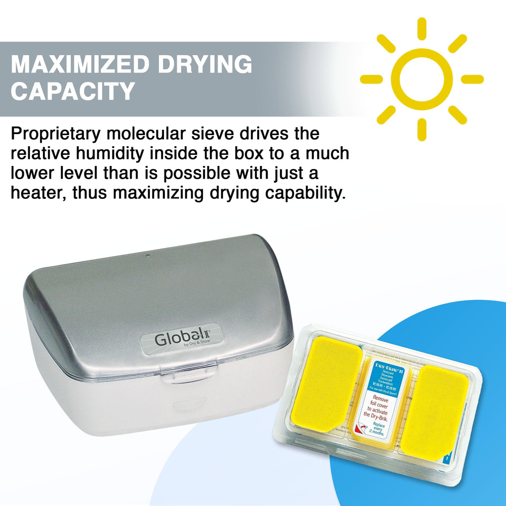 Global II dehumidifier with Dry-Brik II inside maintaining dryness.