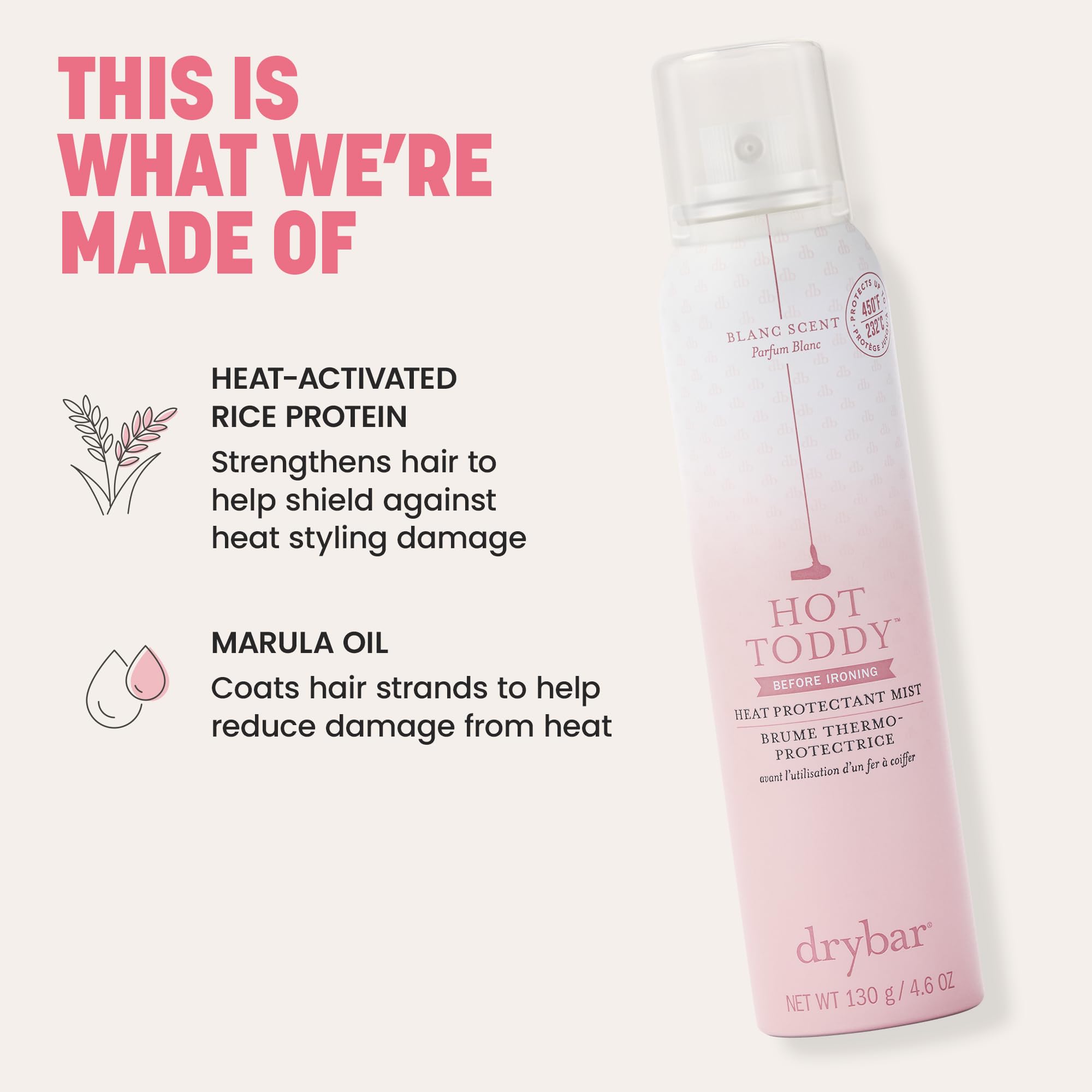 Mist on dry hair with Drybar Hot Toddy for frizz resistance and shine.