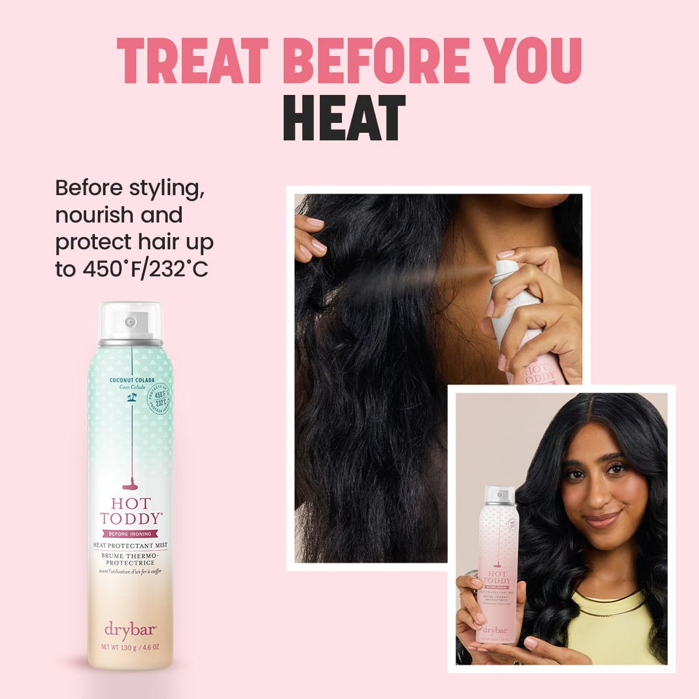 Drybar Hot Toddy spray application leaves a lightweight shield on dry hair.