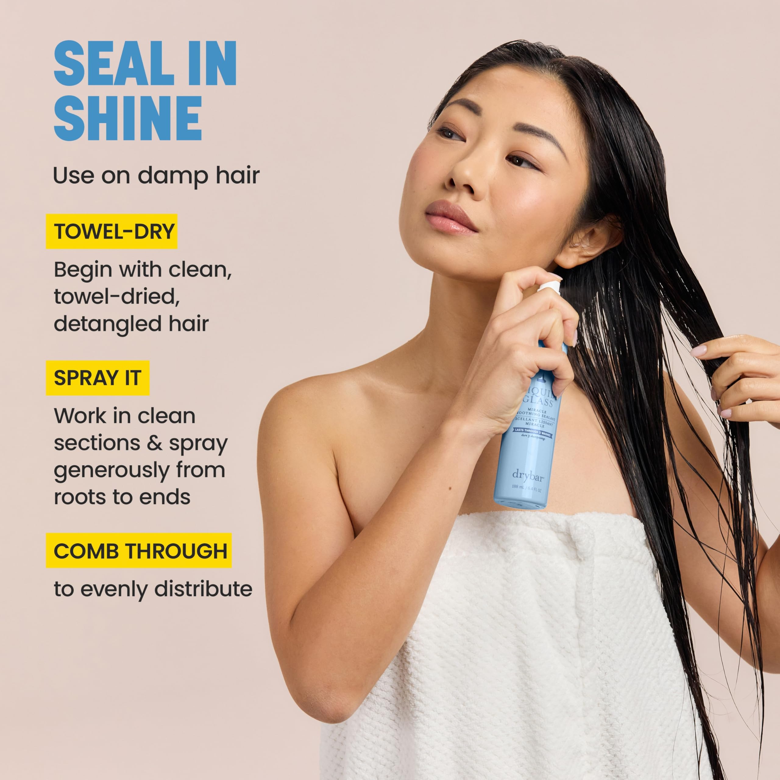 Drybar Liquid Glass bottle beside Burdock Root and vegan keratin icons on bright surface.