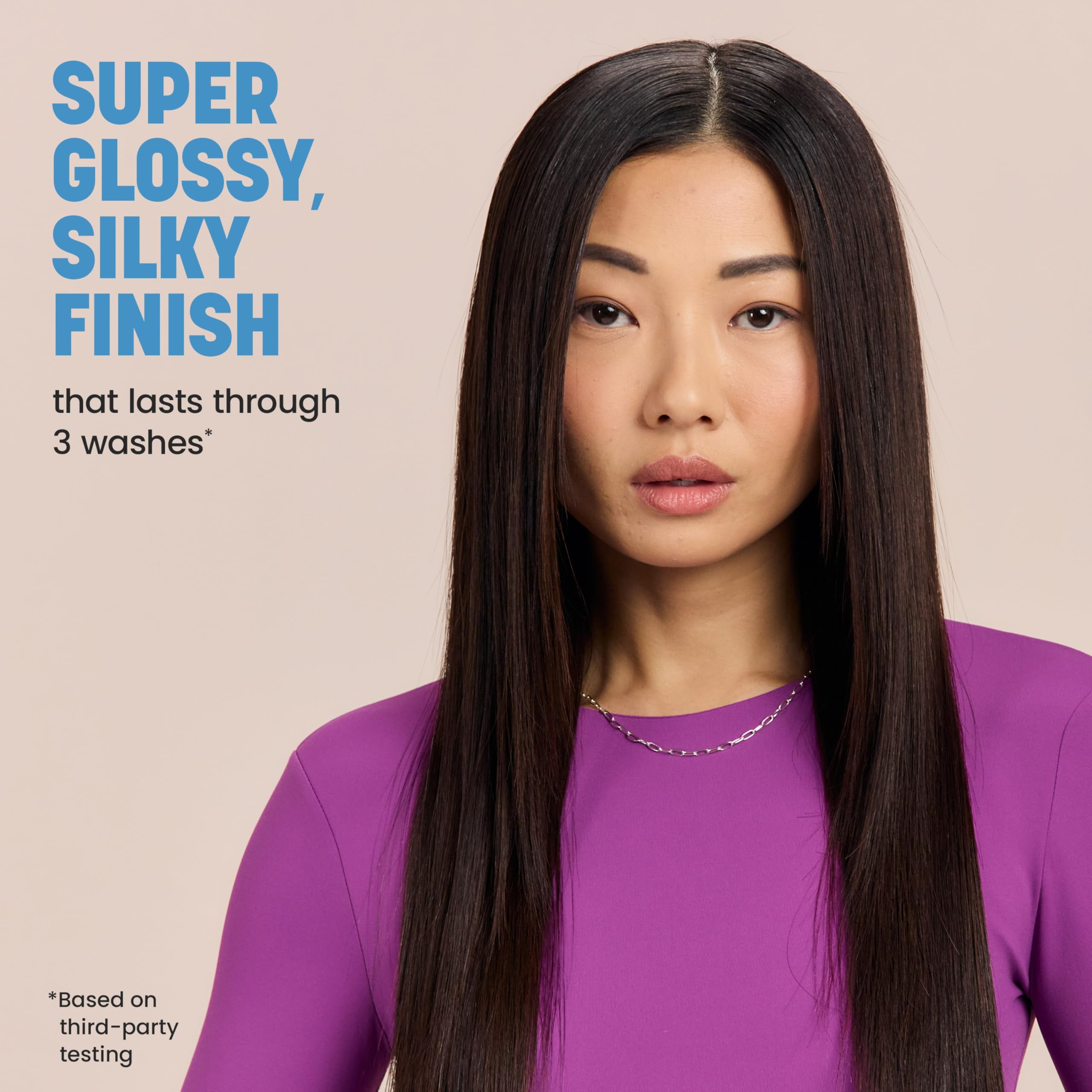 Drybar Liquid Glass on dry hair after blowout, delivering a sleek, weightless feel.