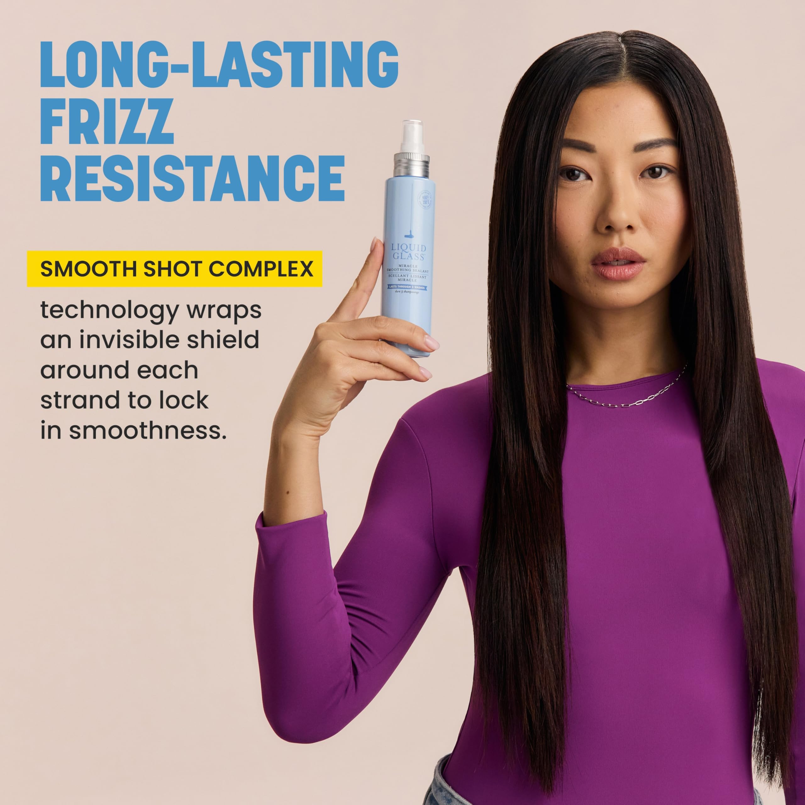 Drybar Liquid Glass illustration on a strand, emphasizing even coat and smooth cuticle.