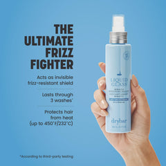 Drybar Liquid Glass on a hair strand under light, showcasing a silky, reflective finish.