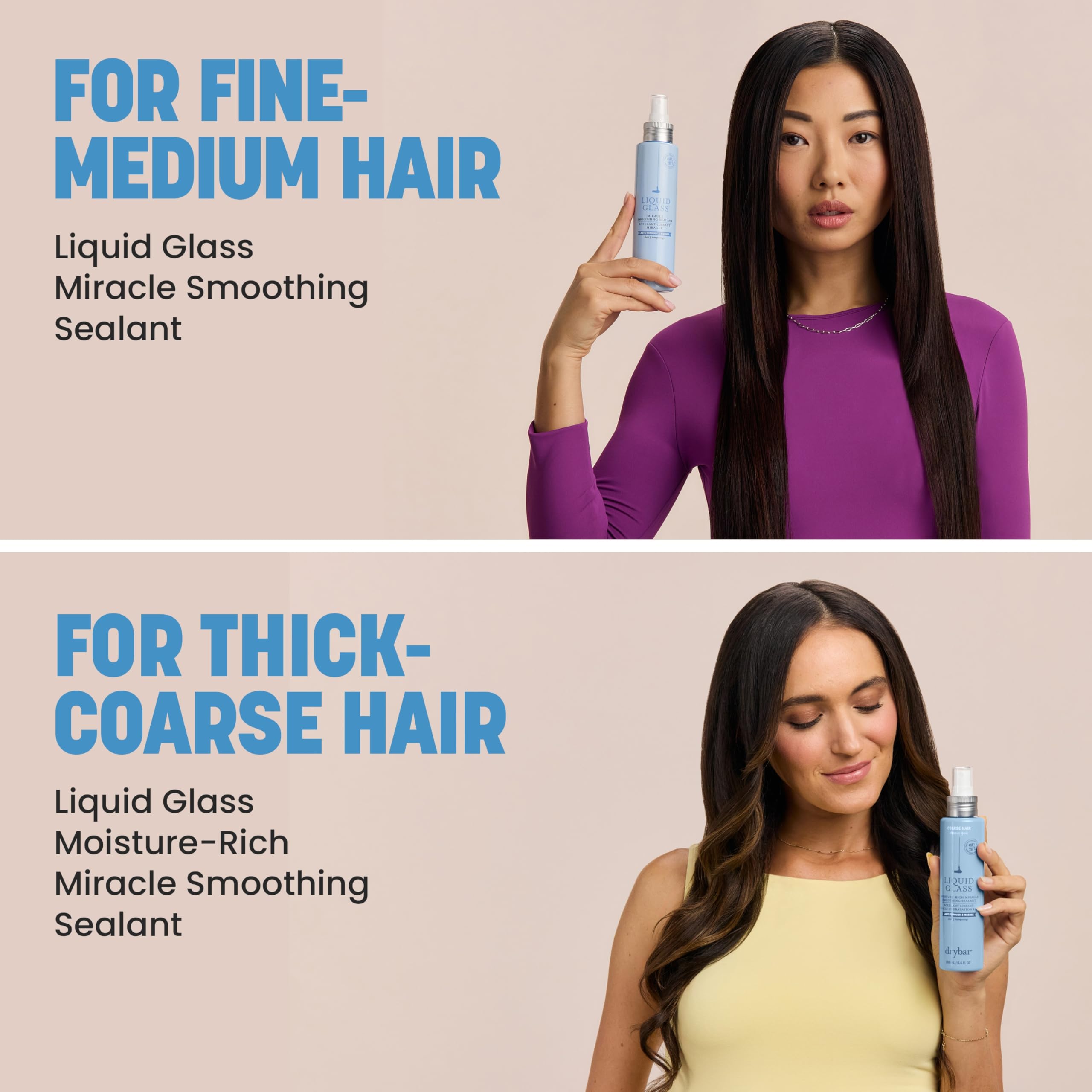 Drybar Liquid Glass in a travel-ready bottle, suggesting long-lasting frizz resistance.