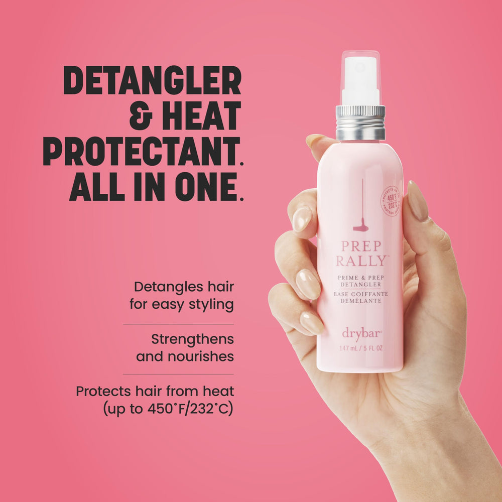 Drybar Prep Rally spray dispensed for quick detangling on damp hair.