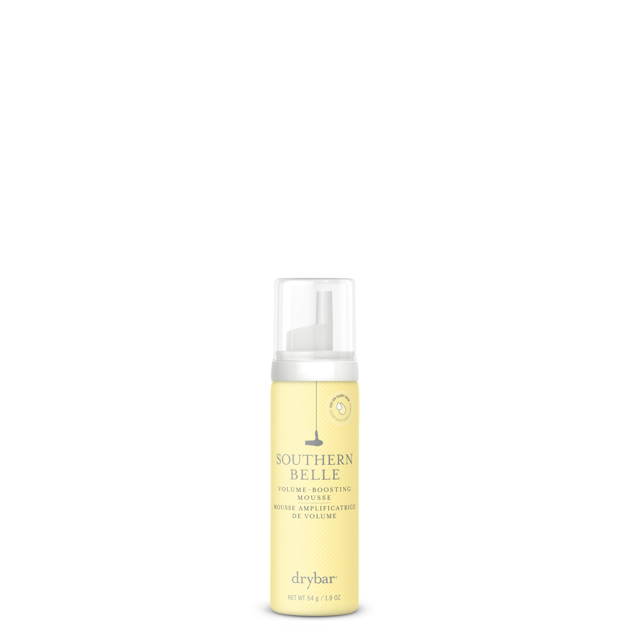 Drybar Southern Belle Volume-Boosting Mousse bottle ready for travel, adds body and shine.