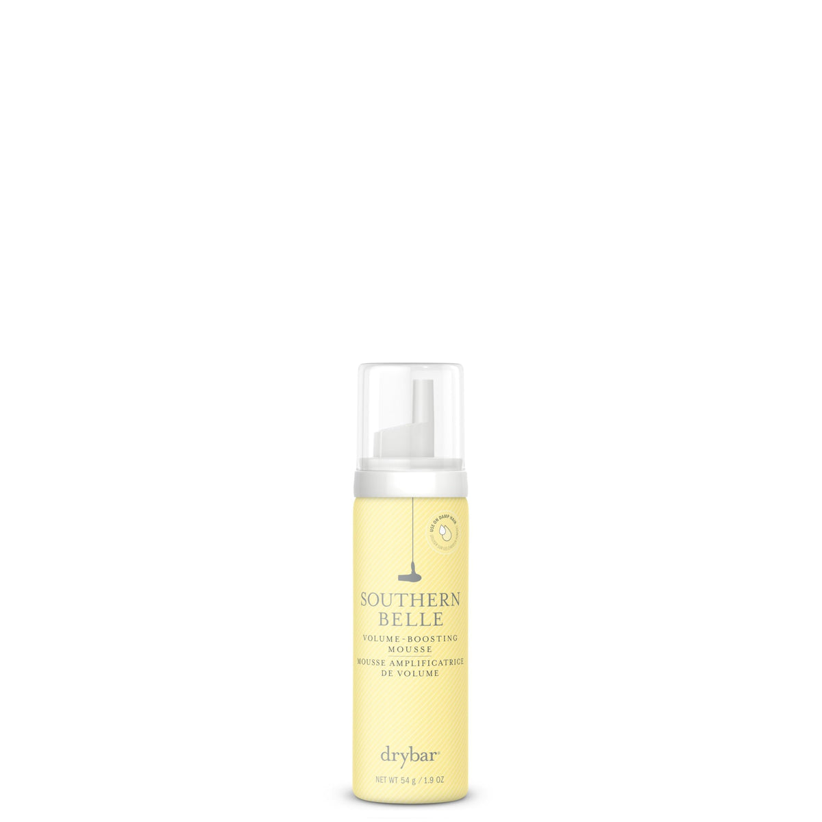 Drybar Southern Belle Volume-Boosting Mousse bottle ready for travel, adds body and shine.