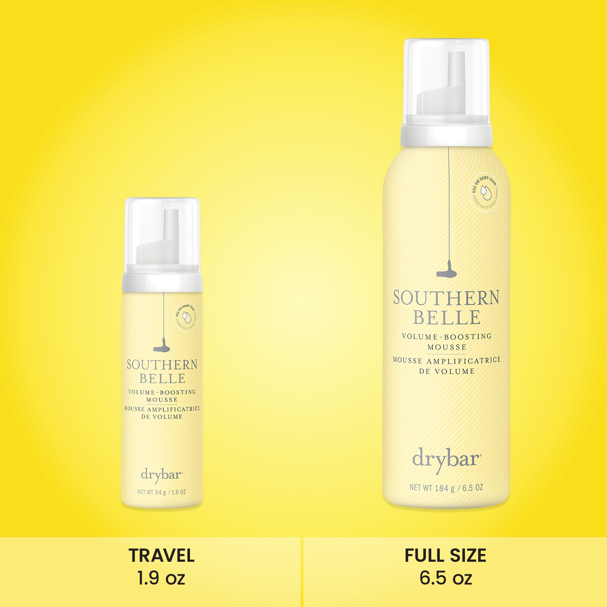 Compact travel-size packaging of Drybar mousse fits easily in a bag.