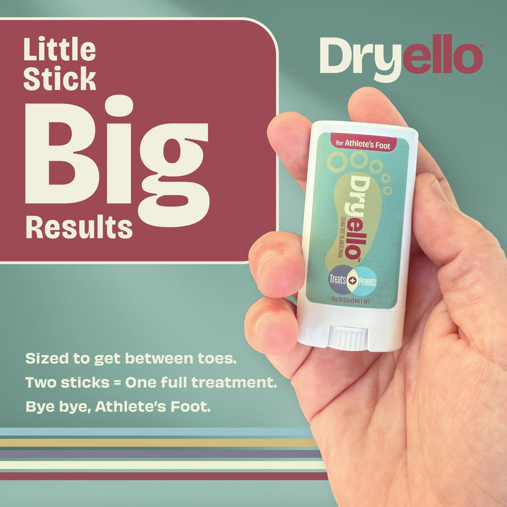 Dryello stick application between toes demonstrates precise, mess-free relief.