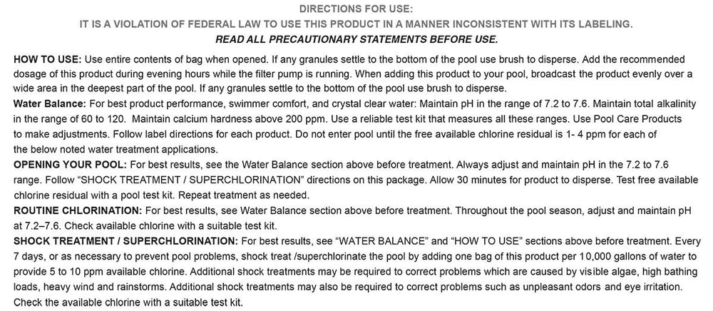 DryTec label shows 68 percent calcium hypochlorite for shock