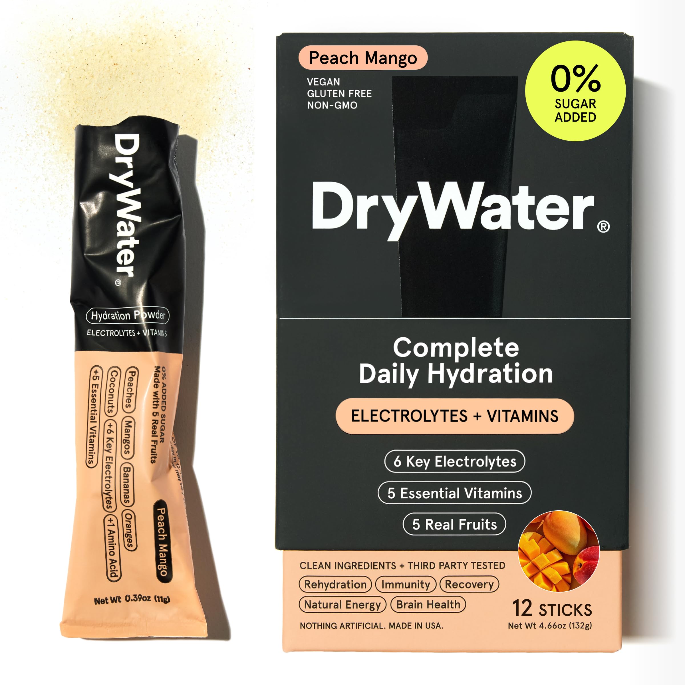 DryWater electrolyte powder Peach Mango packaging for on-the-go hydration.