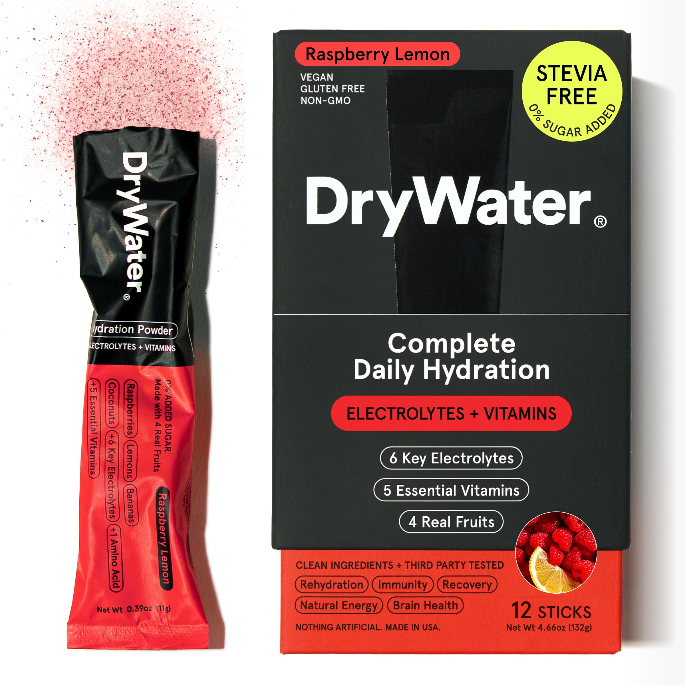 DryWater Raspberry Lemon electrolyte stick for on-the-go hydration and refreshing flavor.