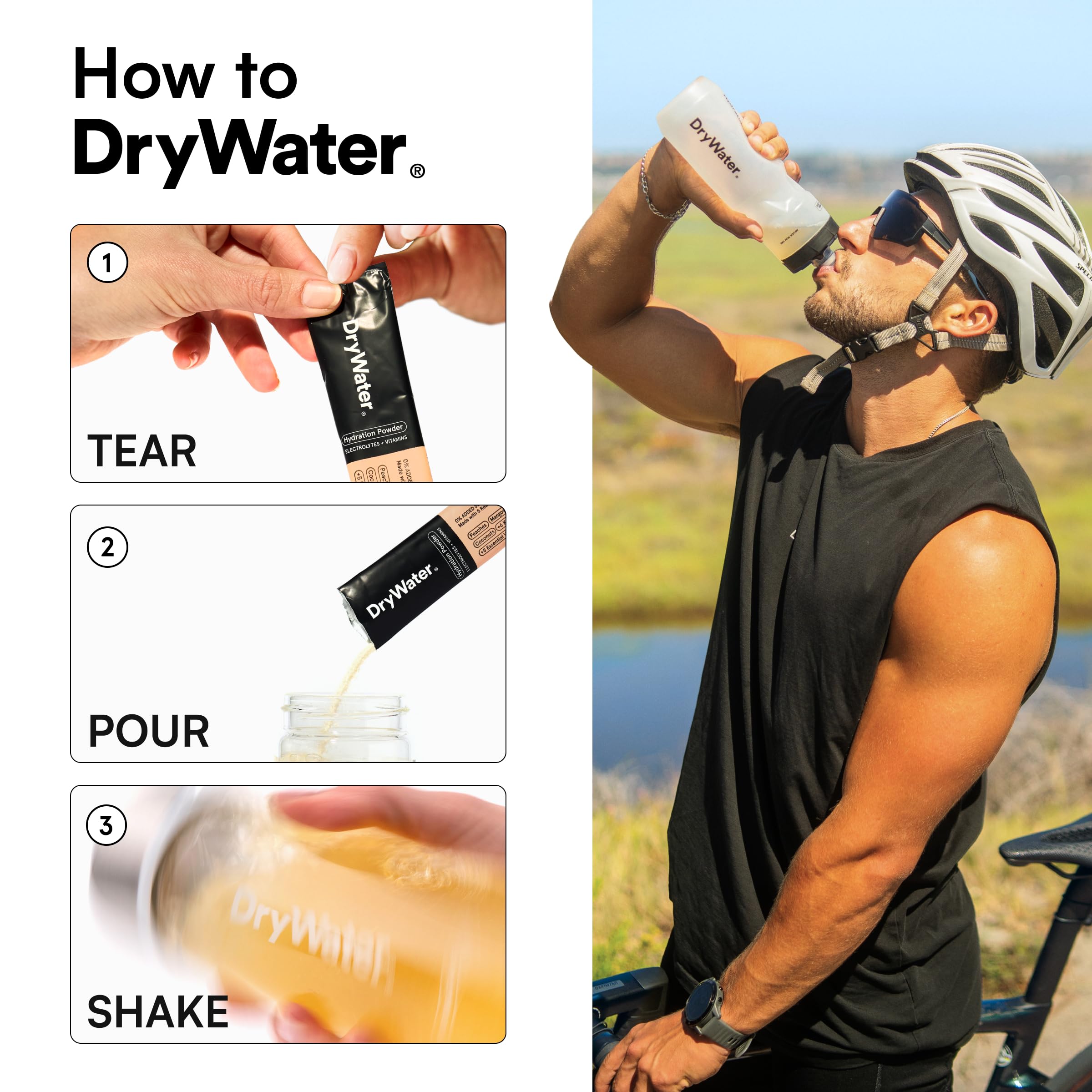 Glass of ice-cold DryWater being poured for refreshing hydration.