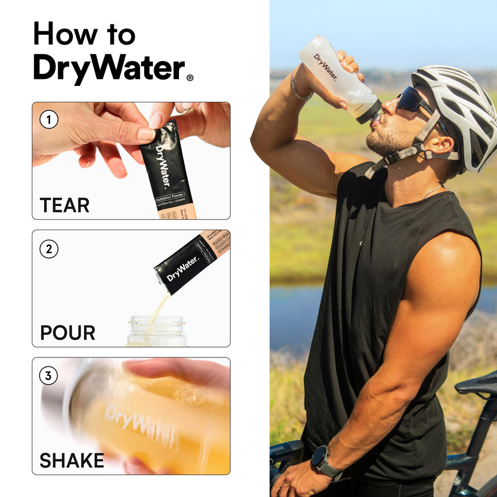 Glass of ice-cold DryWater being poured for refreshing hydration.