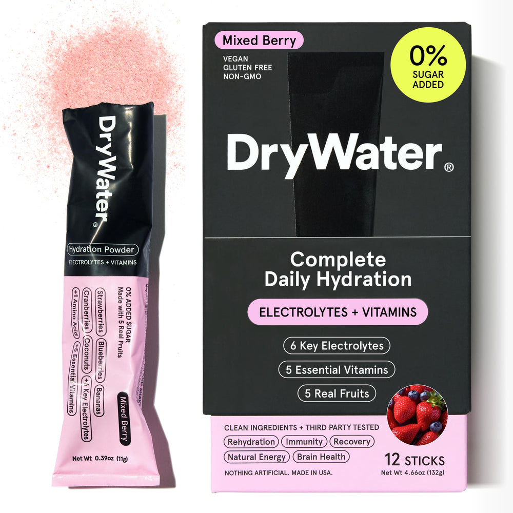 DryWater mixed berry packet in hand ready for on-the-go hydration.
