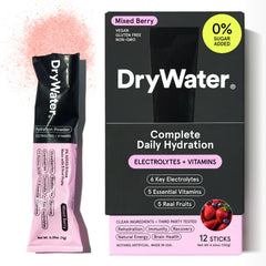 DryWater mixed berry packet in hand ready for on-the-go hydration.