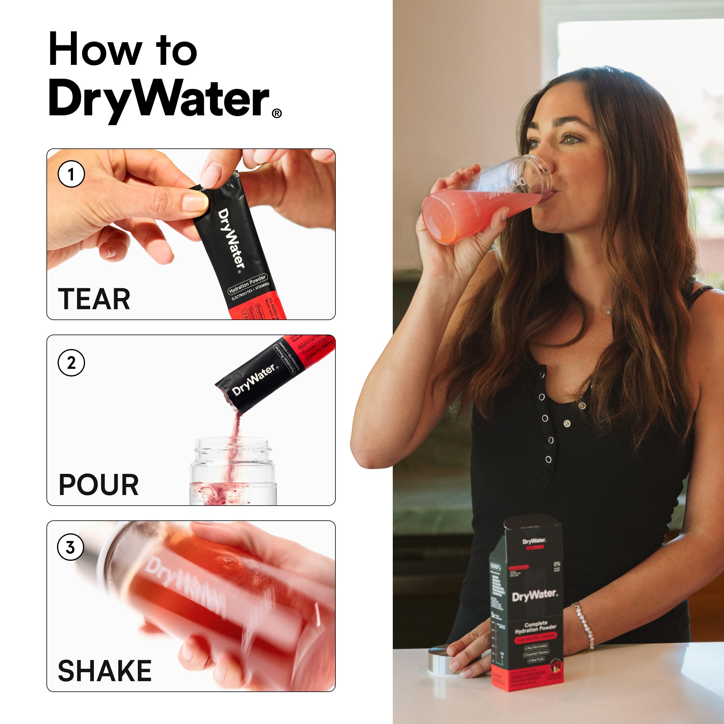 DryWater real-fruit dried powder highlighting natural vitamins and antioxidants.