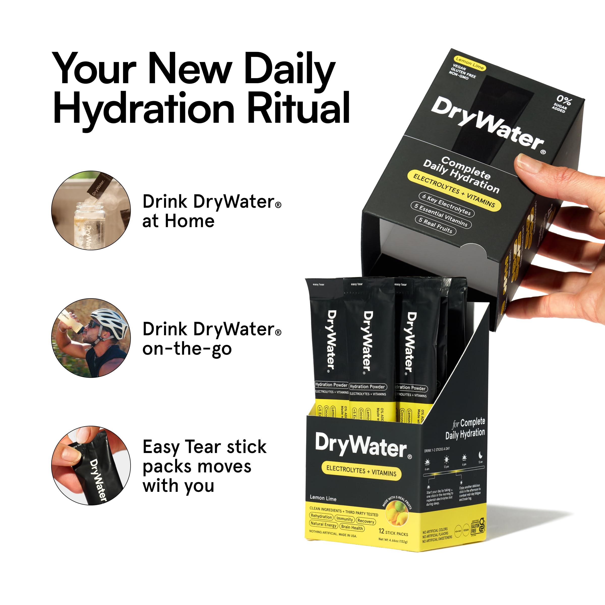 DryWater sachet highlighting electrolytes and vitamins for daily support